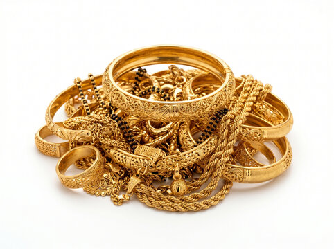 stack of indian gold jewelry with prominent bangle on white background representing gold loan value financial investment and wealth concept