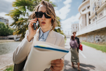 Fototapeta premium A businesswoman talks on her phone while holding documents and folders. Two coworkers converse in the background near a riverside walkway.