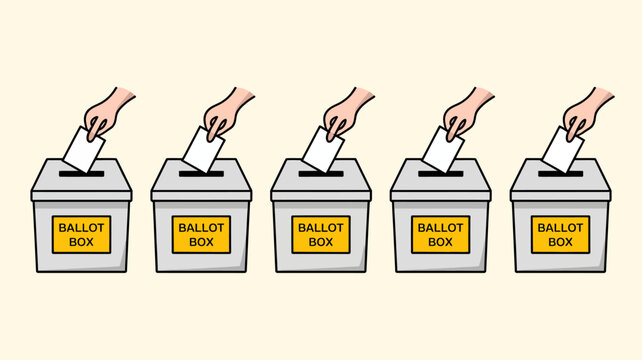 Five hands are depicted dropping paper ballots into individual grey ballot boxes each clearly labeled with ballot box in yellow high quality professional detailed modern elegant