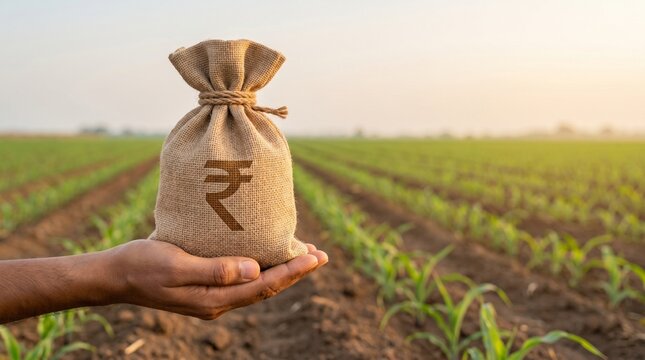 hand holding money bag in growing crop field representing agricultural finance investment and rural development concept