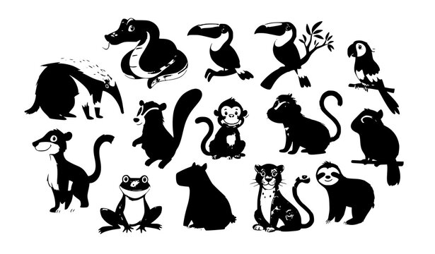Tropical rainforest animal silhouette set featuring sloth, monkey, toucan, capybara, anteater, and frog for children education, wildlife conservation, zoo branding, and nature themed vector illustrati