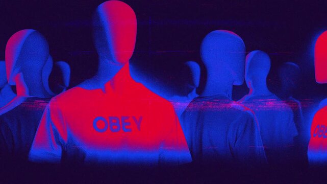 A group of faceless mannequins spinning on an endless loop in a retro style with noise and glitch effect details.
