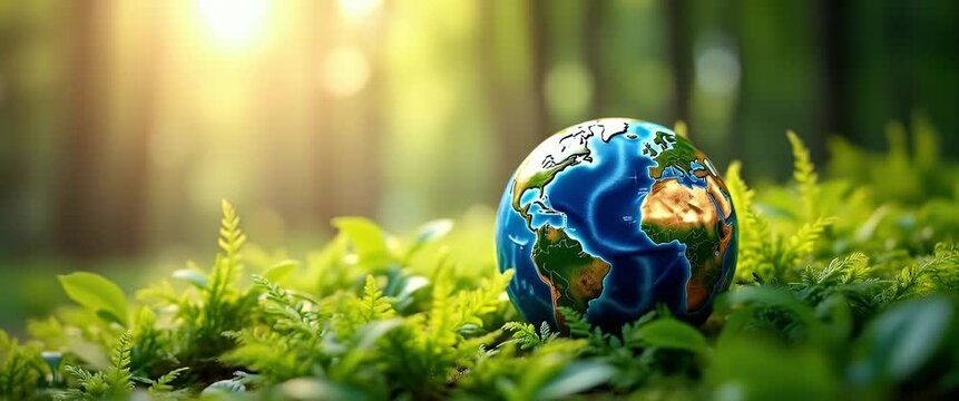 Crystal earth on ferns in green grass forest with sunlight. Environment save the World earth day ecology and Conservation Concepts concept as Crystal Earth placed on ferns in green grass forest with s