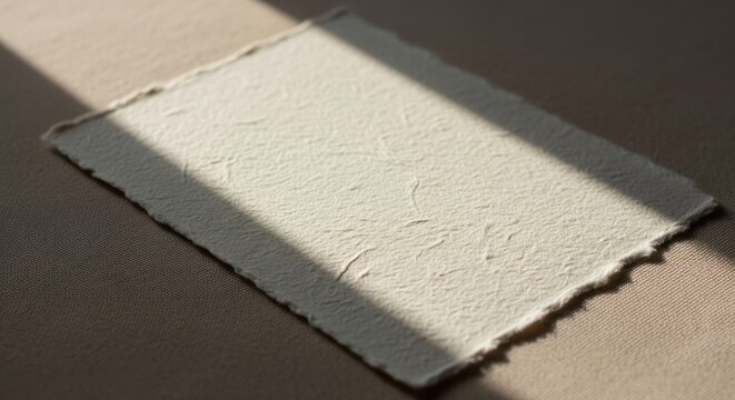 Subtly textured handmade paper sheet with deckle edge illuminated by soft natural light and shadow