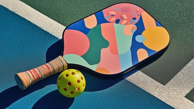 Colorful patterned pickleball paddle with yellow ball on a blue-green court, representing outdoor recreational sports and fun
