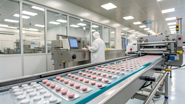 Pharmaceutical worker in protective suit monitoring a conveyor belt with blister packs of pills.