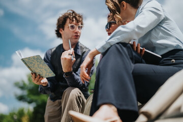 Fototapeta premium Three business colleagues having an outdoor discussion, one holding a notebook and pen. A small team meets informally outside, sharing ideas and notes.