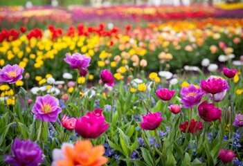 Fototapeta premium Vibrant Spring Garden with Blooming Flowers and Flowerbeds
