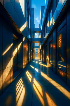 Urban modern alley with morning sunlight creating patterns