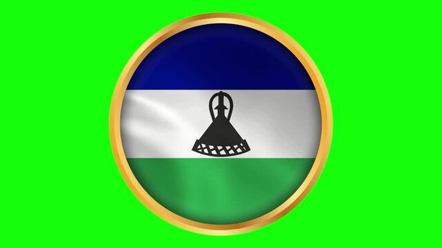 Lesotho Round Framed National Wavy Flag. Circular Blowing Flag of Lesotho with Golden Border.