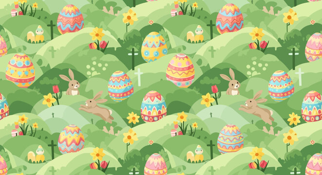 Seamless Easter Pattern: Colorful Eggs, Bunnies, Flowers on Green Hills