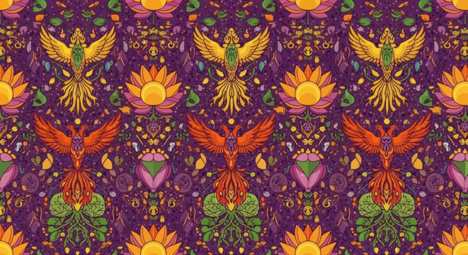 Vibrant Phoenix and Lotus Pattern: Mystical Floral Art with Psychedelic Colors