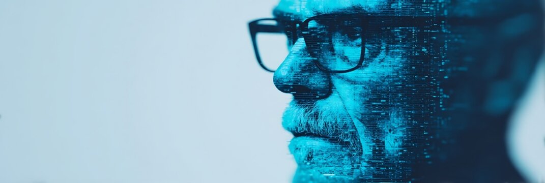 A digital blue-toned portrait of an elderly man with glasses, blending human features and abstract technological elements.