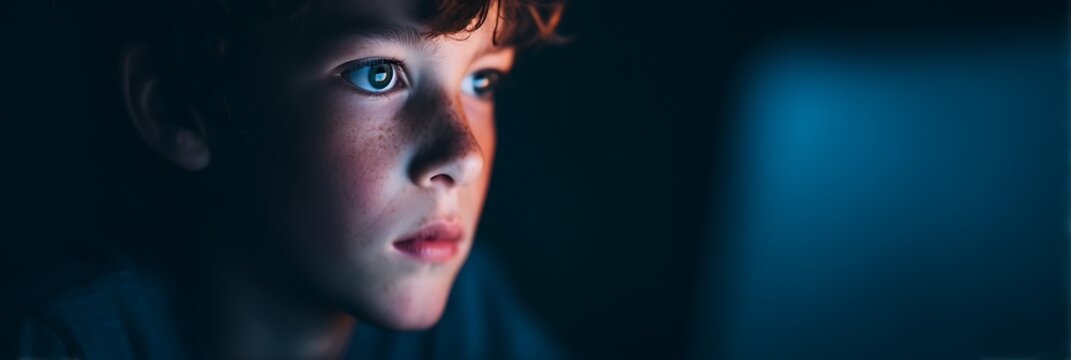 A close-up of a focused young boy with freckles, illuminated by blue light, gazing intently at a screen in a dark environment.