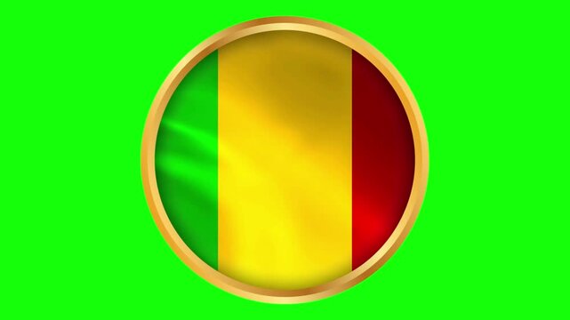 Mali Round Framed National Wavy Flag. Circular Blowing Flag of Mali with Golden Gold Frame.