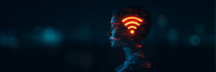 Obraz premium A digital human profile with glowing red Wi-Fi symbol inside the head, representing connectivity, technology, and artificial intelligence in a futuristic setting.