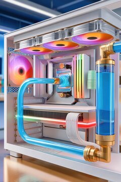 Custom gaming PC with RGB liquid cooling, blue coolant tubes and transparent reservoir inside white case