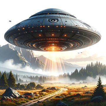 A large, metallic disc-shaped craft hovers above a mountain valley, casting a beam of light down onto a dirt path