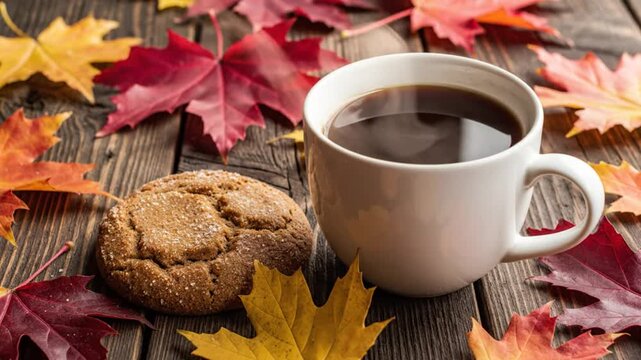 Cozy autumn still life with a white mug filled with coffee and a gingerbread cookie surrounded by colorful fallen leaves on a wooden surface