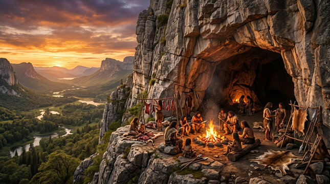 Prehistoric Cave Dwelling at Sunset with Early Humans