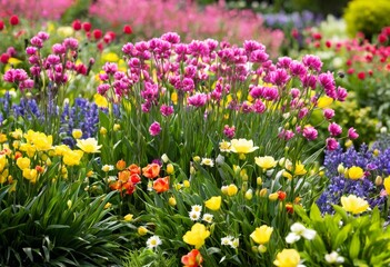Obraz premium Colorful flowers blooming in a spring park with beautiful garden landscape