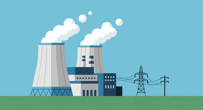 Nuclear Power Plant Illustration with Cooling Towers and Power Lines.