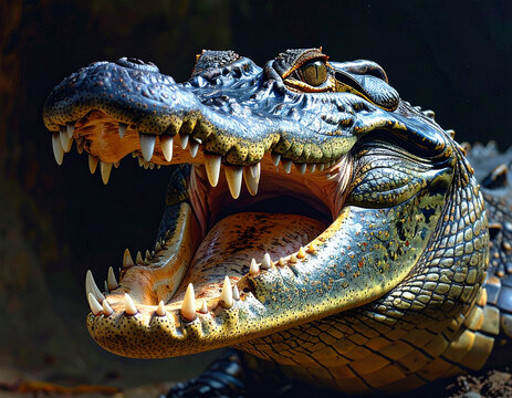 A close-up photo of a crocodile with its mouth open showing sharp teeth in a natural environment