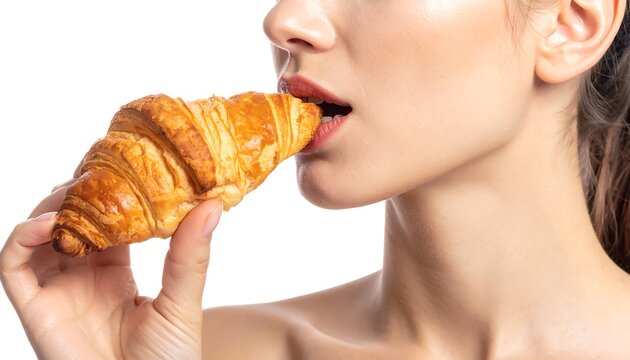 A close-up depicts a woman's profile biting into a golden-brown baked pastry. Her pale skin contrasts with the food
