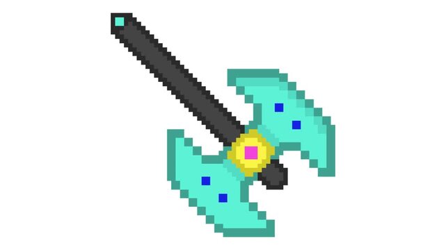 Pixel Art Double-Headed Battle Axe with Cyan Blades and Yellow Center Emblem