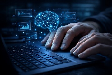 Obraz premium Futuristic floating brain icon and cinematic hand typing on a laptop keyboard, symbolizing AI and technology concept