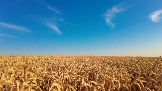 Scenic aerial view of golden wheat field under bright blue sky on a sunny summer day
