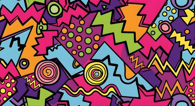 Maximalist Abstract Seamless Pattern, Bold Memphis Design with Vibrant Color Blocking