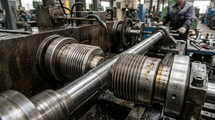 Fototapeta premium Detailed view of metric thread rolling on cylindrical metal pieces capturing accurate thread pitch formation with durable rolling dies in a controlled manufacturing environment.