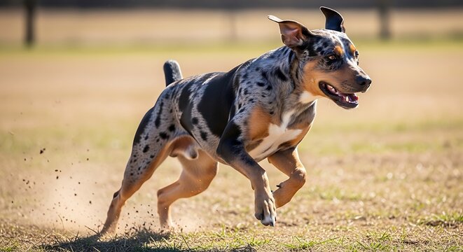 Energetic spotted dog running on grassy field in sunlight