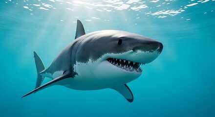 Fototapeta premium Great white shark swimming in clear blue ocean water