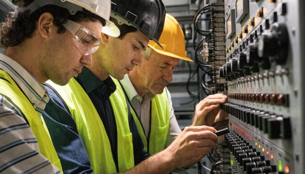Closeup medium shot highlighting the control panel during factory acceptance testing showing engineers adjusting settings and verifying system responses with precision.
