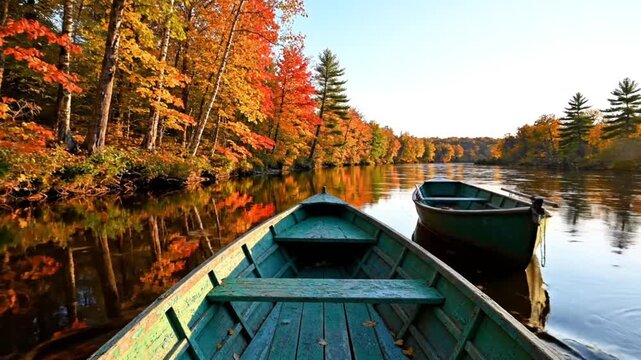 Tranquil view of a green boat drifting on a calm river surrounded by vibrant autumn foliage