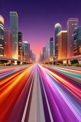 Fototapeta premium Futuristic city highway with purple light trails and glowing skyscrapers at dusk, high speed perspective