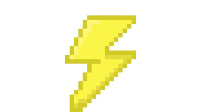 Pixel art lightning bolt icon on a white background, symbolizing electric power, energy, and speed in a vibrant retro gaming style, ideal for dynamic digital designs