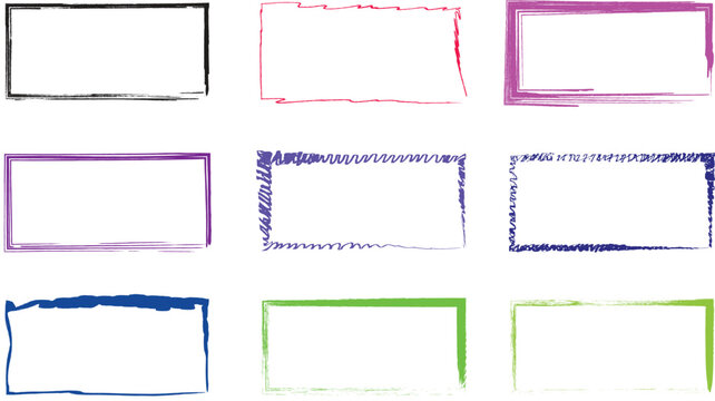 Decorative rectangular frames with various artistic paint brush strokes displayed in a grid pattern for diverse creative design project layouts