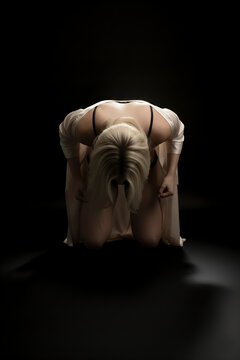 Grieving woman kneeling with head bowed in solitude