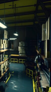 In a quiet warehouse, rows of cardboard boxes line the shelves under bright, cool lights. The atmosphere feels calm and organized, hinting at diligent work completed after hours.