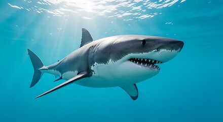 Fototapeta premium Great white shark swimming underwater with sunlight rays