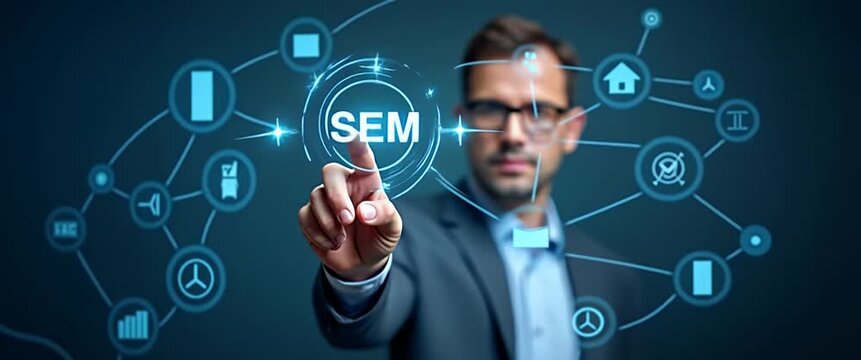 Businessman points to SEM icons on digital interface representing search engine marketing SEO strategies and online advertising rankings. concept as Businessman points to SEM icons on digital interfac