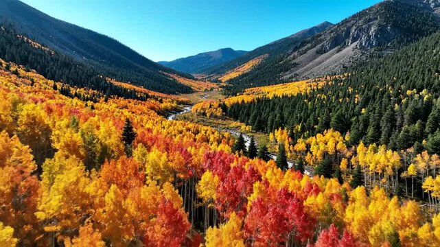 Scenic Aerial View of Vibrant Autumn Aspens and Evergreen Trees in a Mountain Valley Under a Clear Blue Sky