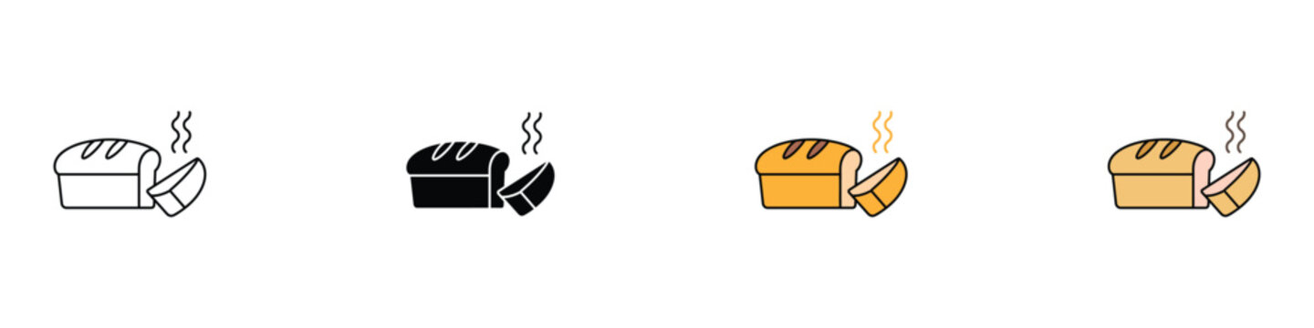 Freshly baked bread loaf and slice icon set for bakery and breakfast concept. Steaming wheat bread symbols. Vector Illustration.