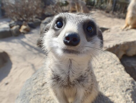 Close-up portrait of a curious meerkat looking at camera