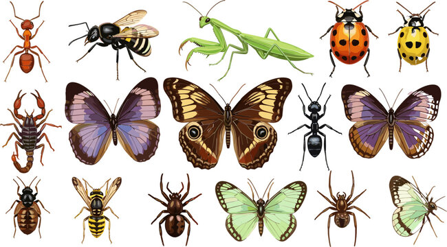 Insect Collection Set Featuring Ants, Bees, Butterflies, Ladybugs, and More for Nature, Entomology, and Wildlife Illustration Designs