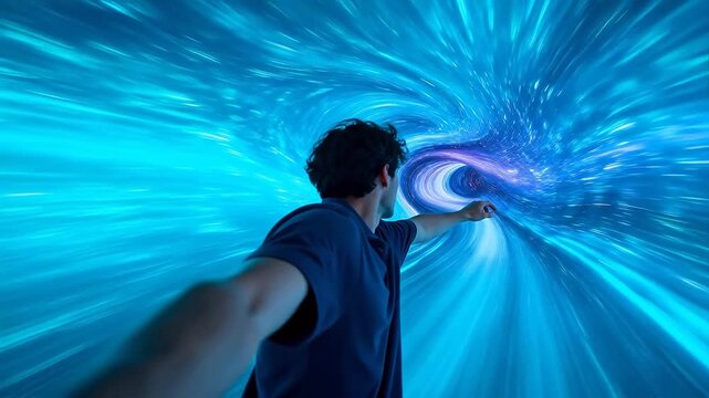 Man running through purple and blue vortex light tunnel