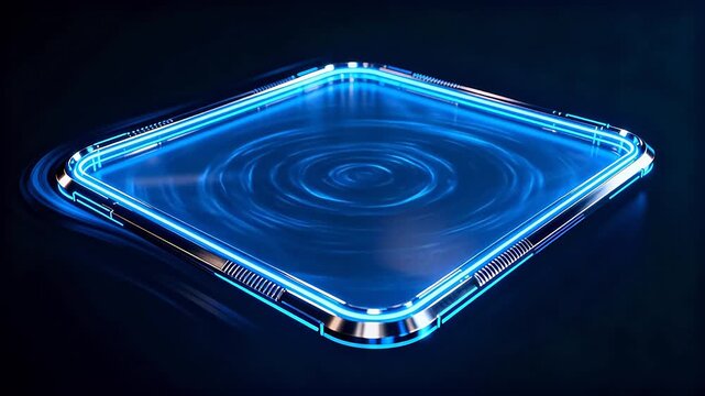 Futuristic square device with neon blue frame and glowing interior